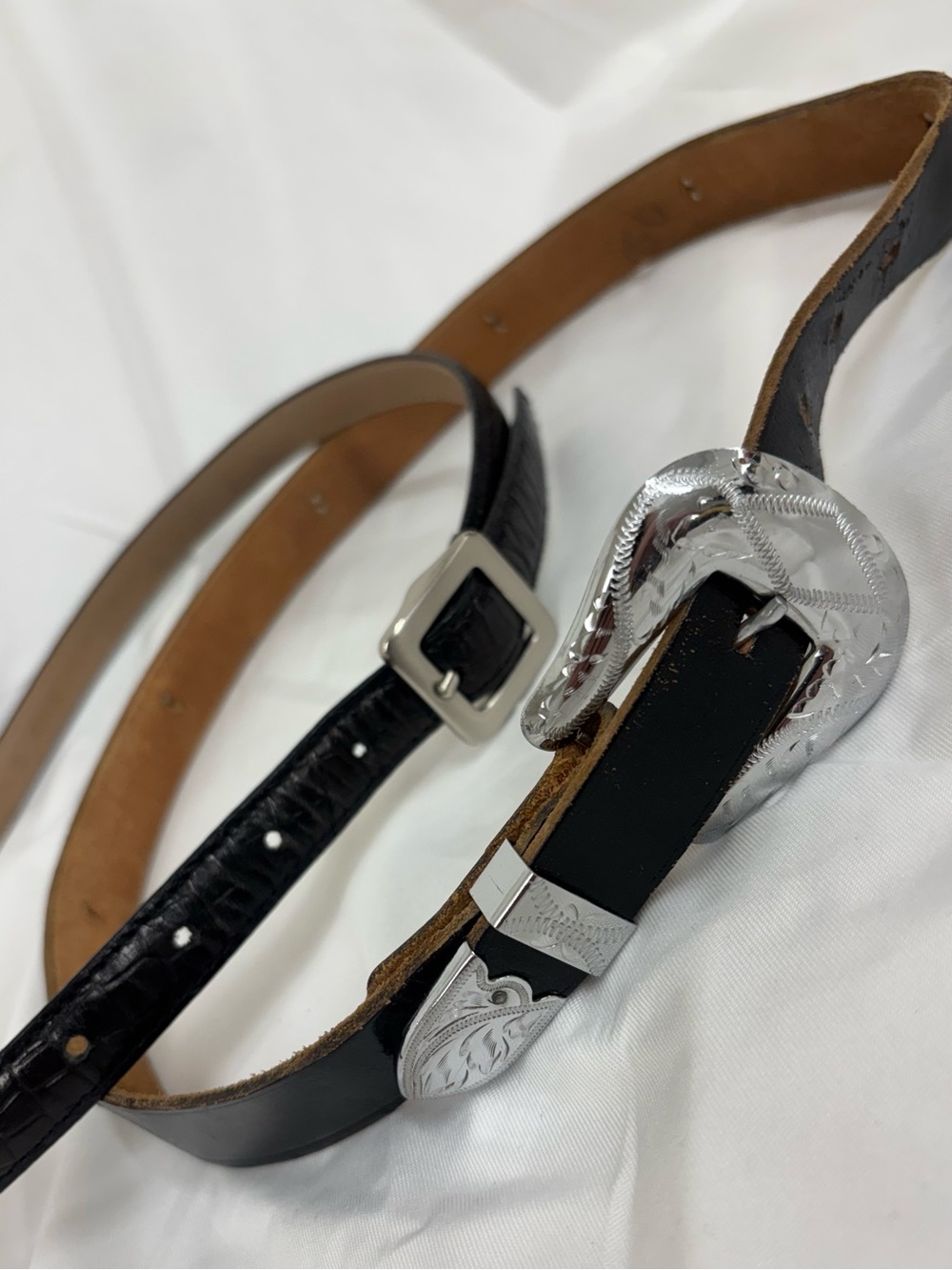 Kenneth Cole Belt Bundle: TWO Black Genuine Leather Skinny Belts